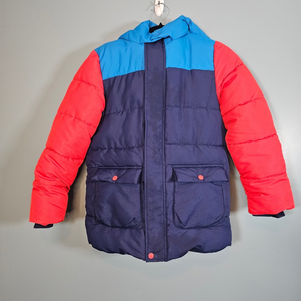Mini Boden Kids 11-12Y‎ Red and Blue Hooded Puffer Coat Jacket Sherpa Lined